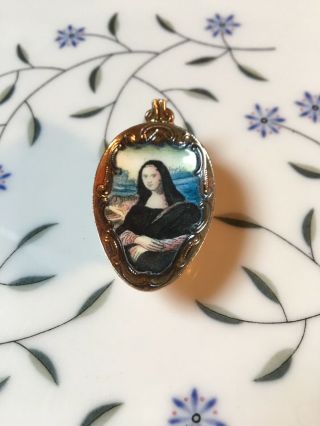 Rare Antique Rose Gold Plate Hand Painted Mona Lisa Brooch Pin 2