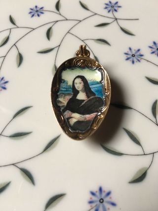 Rare Antique Rose Gold Plate Hand Painted Mona Lisa Brooch Pin 3