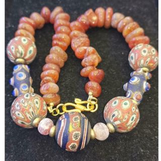 Antique Carnelian Stone & Mosaic Glass Beads Lovely Unique Necklace 49