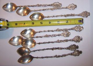 Vintage Ornate Armorial Ice Tea Spoons Continental Unmarked Silver Plate Set 8pc