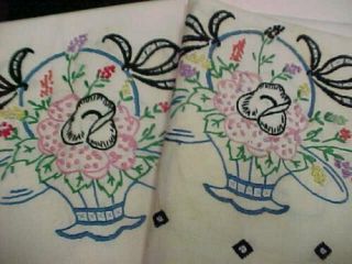 Vintage Pillowcases Hand Embroidered 40s Era Flowers In Baskets Antique