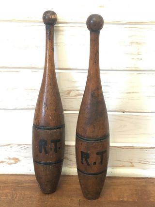 Pair (2) Vintage Wooden Indian Clubs 20 Inch Tall.