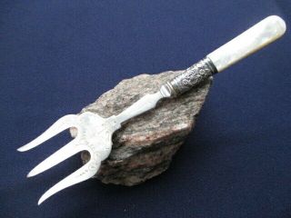 Antique Mother Of Pearl Handle Silver Plate Trident Meat Cheese Fish Fork Etched