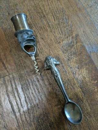 Vintage Mid Century Art Deco Figural Corkscrew Bottle Opener Bar Rare Spoon