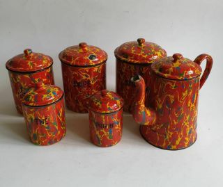 Vintage French Enamelware Containers Coffee Pot Rare Multi Colour End Of Day