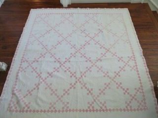 Old Antique Quilt 9 Patch Pattern Hand Stitched Faded Red White Pink?