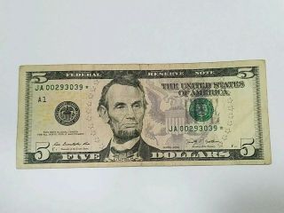 $5 2009 Five Dollar Bill Rare Star Note Low Serial Number 2009