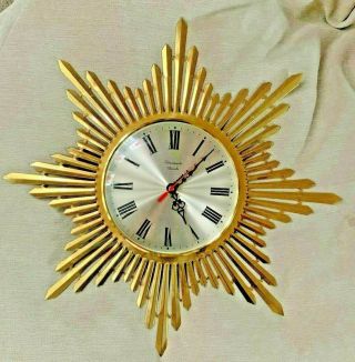 Vintage Mid Century Timemaster Sunburst Gilt Wall Clock Retro - Very Rare
