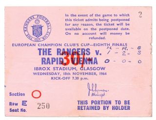 Ticket European Club Champions Cup The Rangers V Rapid Vienna 1964 Very Rare