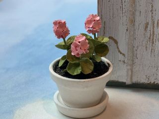 Vintage Miniature Dollhouse Artisan Garden Potted White Pot With Pink Geraniums