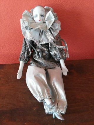 Vintage Porcelain Jester Harlequin Doll 8 " Tall With Silver & Black Outfit