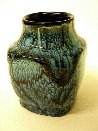 RARE MID - CENTURY PIGEON FORGE ART POTTERY VASE BLUE DRIP GLAZE SIGNED H SHULTS 2