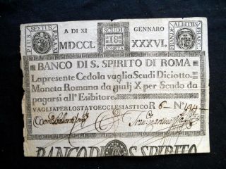 1786 Vatican Italy Rare Large Banknote Assignat 18 Scudi Vf,  Banco S,  Spirito