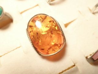 Rare Artisan Amber Sterling Silver Old Pawn Thick Big Chunky Ring