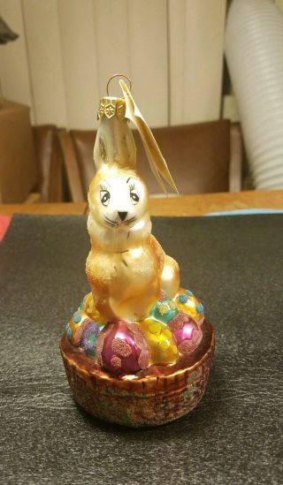 Rare Vintage Christopher Radko Christmas Ornament Rabbit Bunny In Basket 2