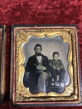 6th Plate Ruby Ambrotype,  Civil War Father & Young Son In Uniform Photo Rare
