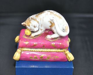 Antique Hand Painted Inkwell Holder With Lid Showing A Cat Playing Very Detailed