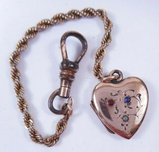 Antique Victorian Gold Filled Puffy Heart Locket Pendant On Fob Chain W/ Hook