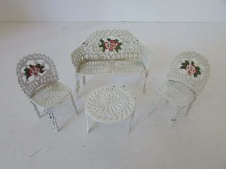 Doll House Furniture 4 Piece White Wrought Iron Patio Set Loveseat Chairs L165