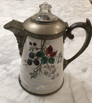 1800’s Antique Graniteware Coffee Pot Pewter White Enamel Floral Teapot Flowers