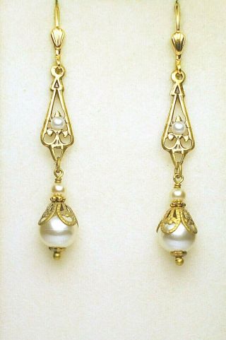 Art Nouveau Edwardian Style Antique Brass Cream Pearl Earrings