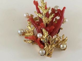 Rare Vintage Swoboda Gold Pin Brooch Coral & Akoya Pearls Signed