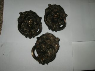 Vintage Drawer Pull Lion Head Embossed Antique Brass W Ring Pull
