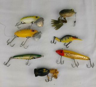 Group Of 7 Different Fishing Lures Fred Arbogast Jitterbug,  Hula Popper,  L&s