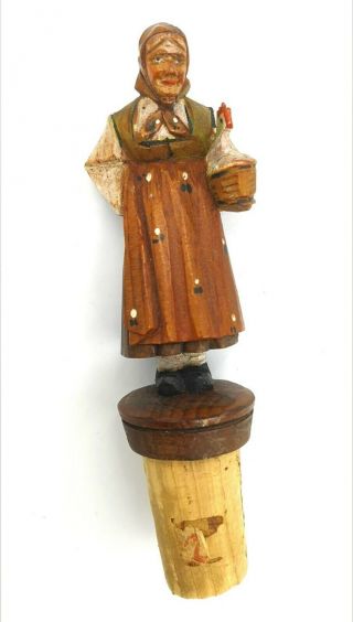 Vintage Rare Anri Country Woman With Hen Bottle Stopper
