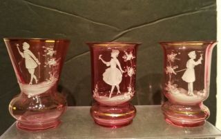 3 Antique Mary Gregory Cranberry Glass Toothpick Holder 