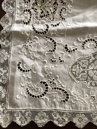 Gorgeous Antique Italian Linen Embroidered Dining Table Runner Filet Lace Insert