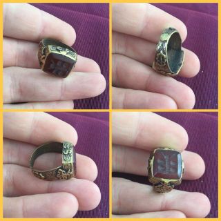 Rare Post Medieval Bronze Gilt Carnealian Stone Seal Ring 18th To 19th C