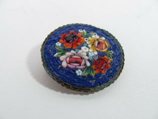 Antique Victorian Micro Mosaic Pin Brooch Florals In Brass Italy