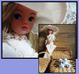 Vintage Sindy Doll,  Pedigree,  With Basketwork Set In Royal Occasion Outfit