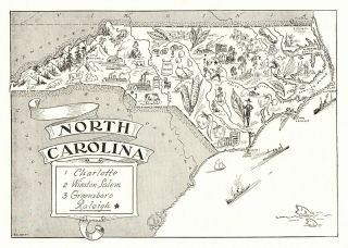 1950s Antique North Carolina State Map Animated Map Of North Carolina Bw 6812