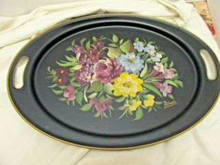 Nashco Ny Large Vintage Black Floral Hand Painted Tole Metal Tray 19.  " X 14 "