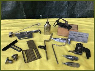 Rare Antique Willcox & Gibbs Glass Tension Sewing Machine Attachment Set &.