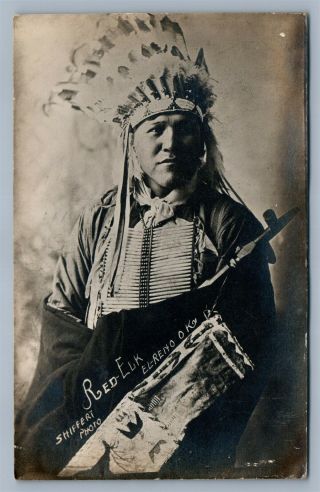 American Indian Chief Red Elk Antique 1910 Real Photo Postcard Rppc El Reno Ok