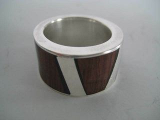 Vtg Ooak 925 Sterling Silver & Inlaid Wood Wide Modernist Ring Size 8 - 8.  5 Rare