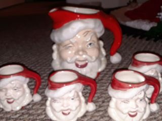 Rare Vintage Large Santa Claus Head Christmas Punch Ceramic Toby Pitcher & Cups