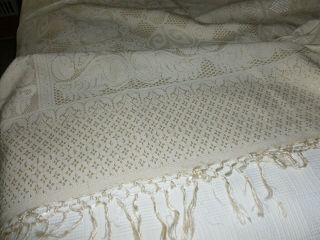 Vintage Ivory Silk Damask Bedspread Coverlet Hand Tied Fringe 91 X 81 Italy
