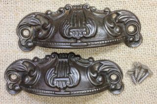 2 Bin Drawer Pulls Handles 4 1/4 " Harp Ferns Rustic Old Cast Iron Vintage 1800’s