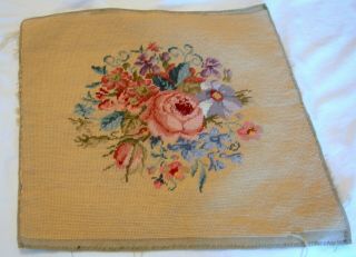Vintage Wool Needlepoint Tapestry Chair Cushion Seat Cover Pink Roses 18 X 19