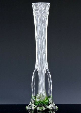 Unique Art Deco Emerlad Green To Clear Cut Glass Single Long Stem Rose Vase