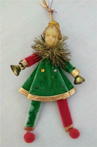 Rare Koestel Christmas Ornament Wax Head Jester/elf Figurine With Tinsel & Bells