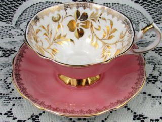 Queen Anne Gold Gilt Floral Blush Pink Wide Mouth Tea Cup And Saucer
