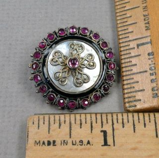 Garnets W/ Pearl Background On Silver Backing,  1800s Gem Stone Button
