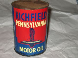 Richfield Pennsylvania 100 Pure Motor Oil 20w Can Full Shape Rare