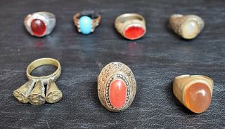 7x Rare Old Stones Boho Banjara Vintage Tribal Kuchi Rings