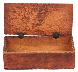 Antique Vintage Art Nouveau Wooden Trinket Box Pyrography Pokerwork Poinsettia